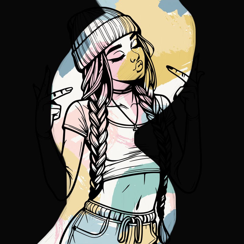 realistic teenage girl with braids and a beanie and crop top doing 🫶🏼