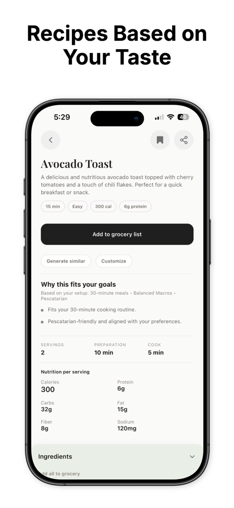 Whisk - AI Meal Planner - Tela do aplicativo Whisk mostrando uma receita personalizada de Torrada com Abacate com informações nutricionais e opções de planejamento de refeições