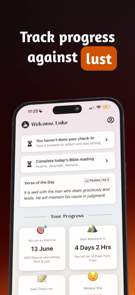 Screenshot of the Unchaind app dashboard showing daily Bible reading progress tracking and milestones for quitting porn with faith