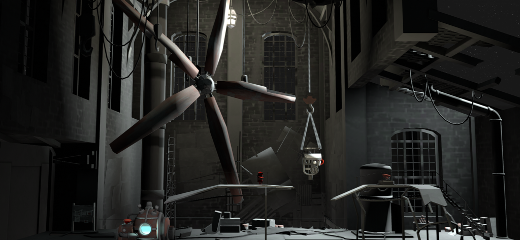 A small character in red stands in a dark atmospheric industrial room with a large wooden propeller