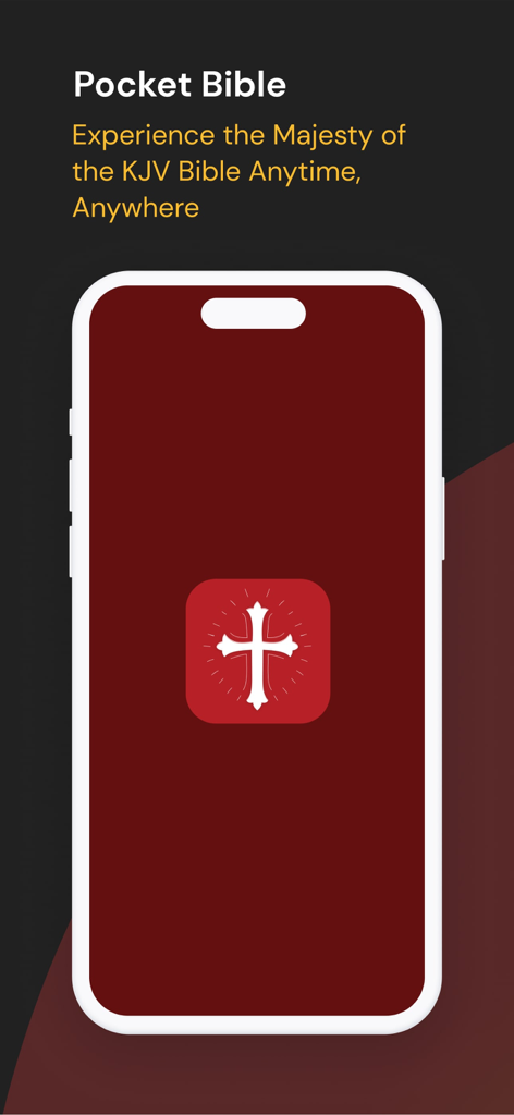 KJV Bible - King James Bible - Smartphone screen displaying the Pocket Bible app logo with a decorative cross and text reading Experience the Majesty of the KJV Bible Anytime Anywhere