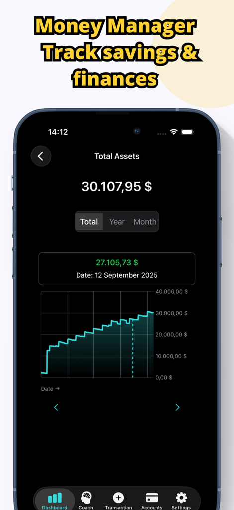 Cash Book: Cash Counter - Panel de la aplicación Cash Book que muestra activos totales y un gráfico de crecimiento de ahorros.