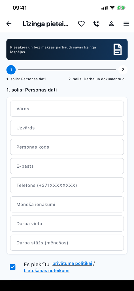 CarBuy - CarBuy app leasing application form screen for entering personal data