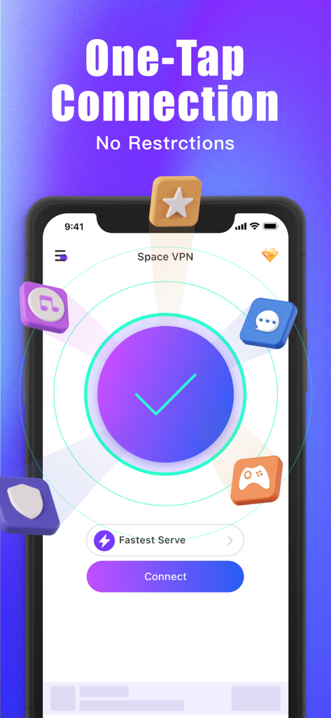 Interface do aplicativo Space VPN mostrando uma tela de conexão com um toque e sem restrições