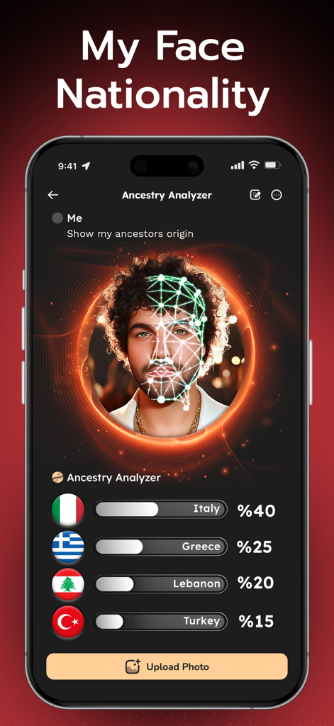 Gooroo: Ethnicity, AI Fortune - Smartphone screen showing AI face scan and ancestry results with percentages for various countries