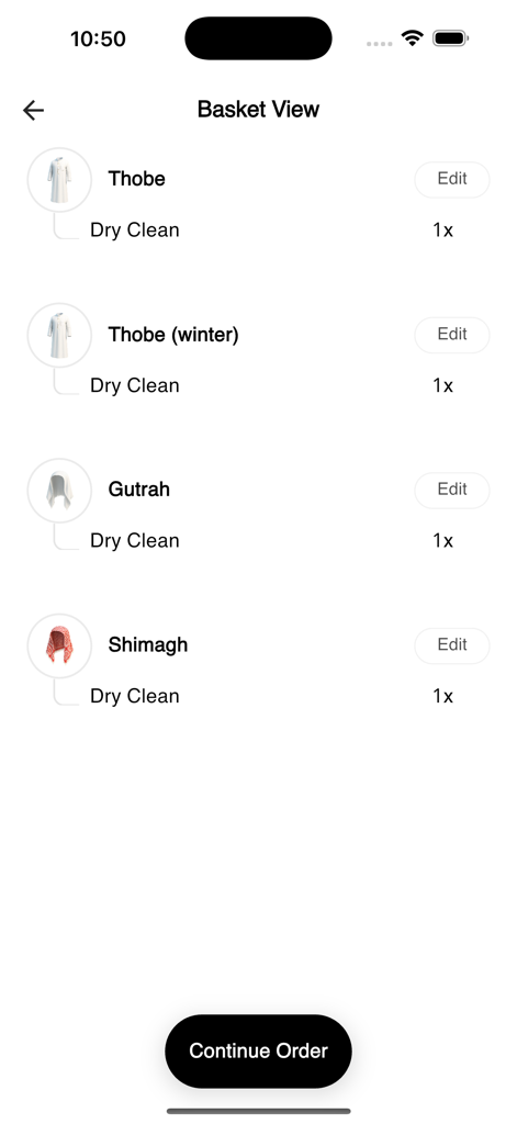 Cleano | كلينو - Basket view in the Cleano app showing dry cleaning orders for traditional items like Thobe, Gutrah, and Shimag.