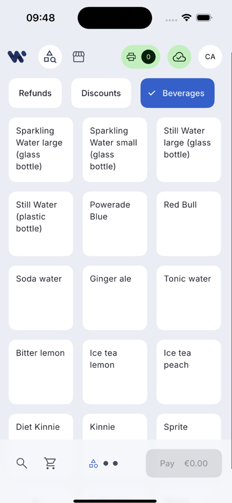 Twine POS - A mobile POS interface showing a beverage menu with items like sparkling water, Red Bull, and ginger ale.
