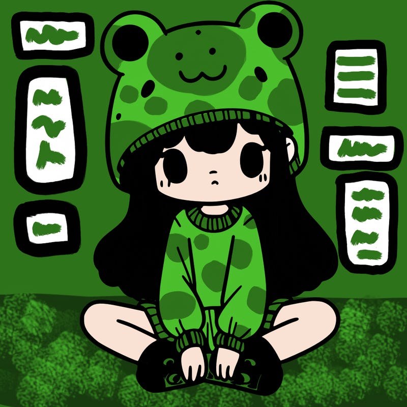 a girl wearing a frog hat and some frog socks
