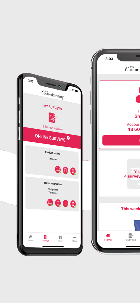 Two smartphones displaying the Free Cosmetic Testing app interface with available online surveys and product testing options