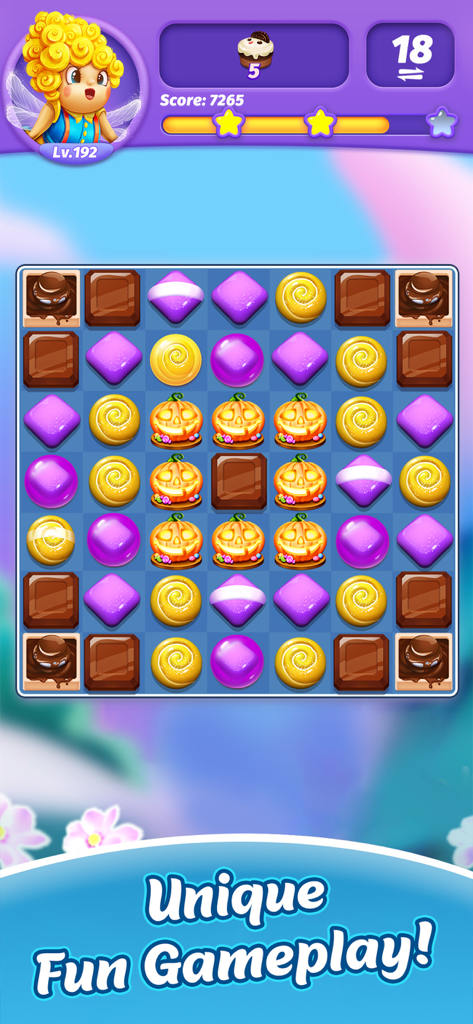 Candy Charming-Match 3 Game - Captura de pantalla de Candy Charming que muestra un colorido tablero de puzles match 3 con caramelos y calabazas