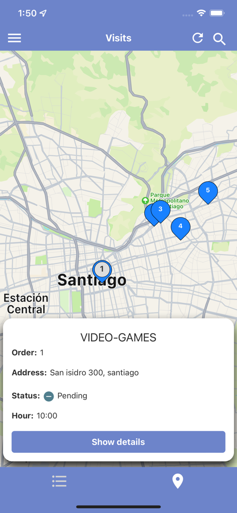 Interface do aplicativo SimpliRoute mostrando um mapa da cidade com pins de entrega numerados e um cartão de detalhes para uma visita pendente