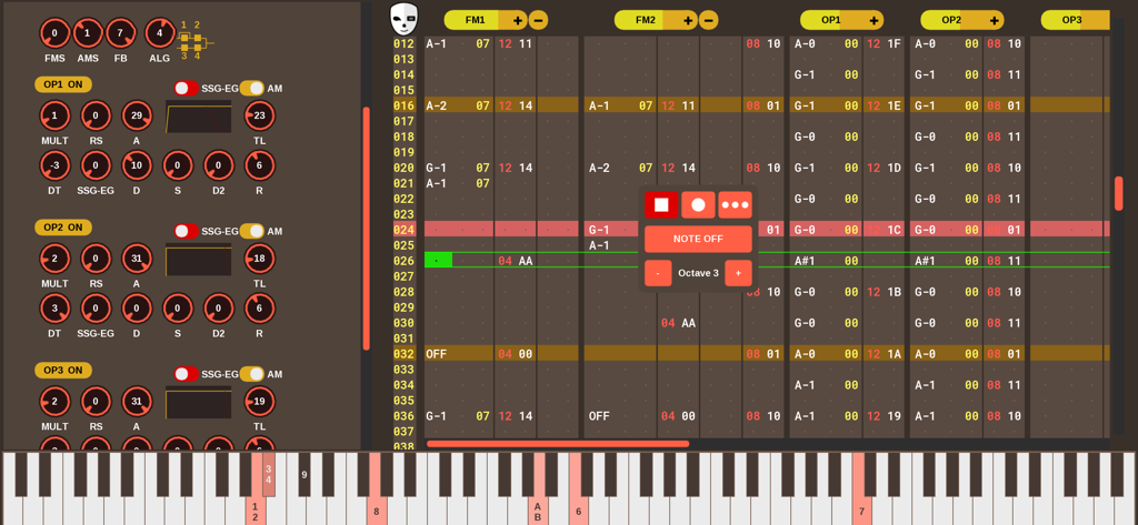 Chiptune tracker interface of DefleMask Mobile featuring FM synthesis controls, vertical sequencer columns, and a digital piano keyboard.