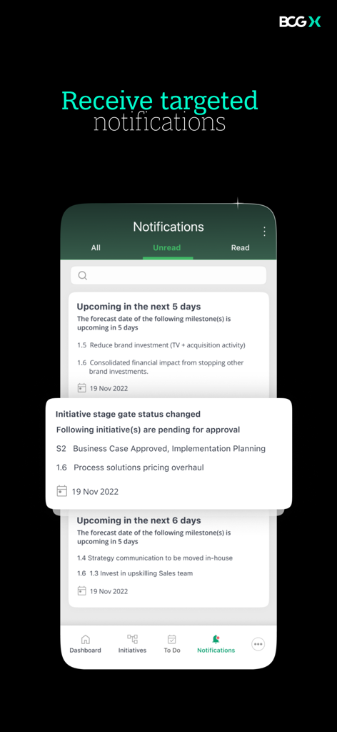 KEY Impact Management by BCG X - Notifications screen of the KEY Impact Management app by BCG X showing initiative updates and upcoming milestones.