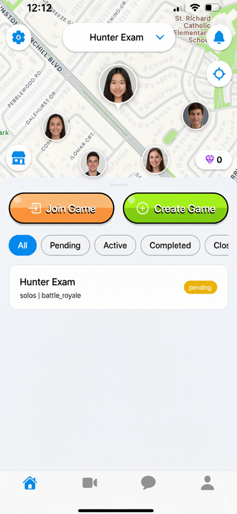 Senior Assassin - HuntinHuntin - Vista del mapa de la aplicación Senior Assassin mostrando ubicaciones de jugadores con botones para unirse o crear un juego