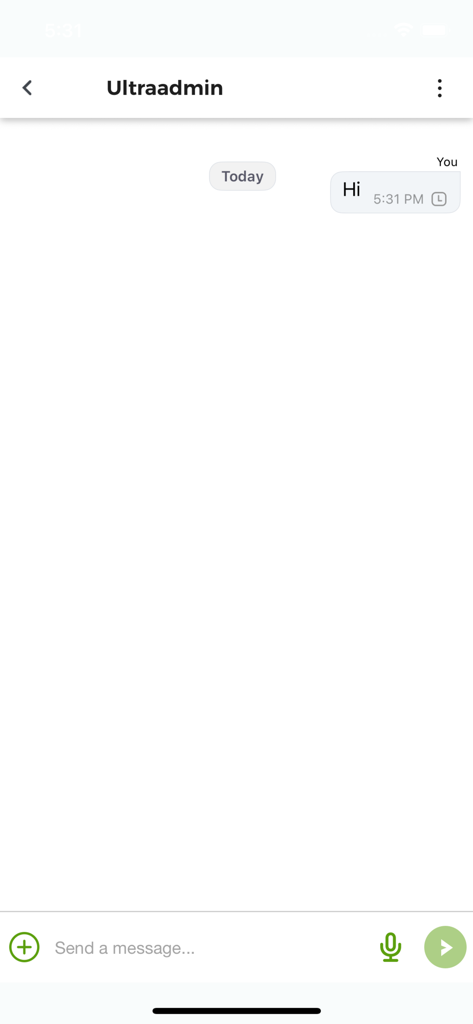 Chat interface screen within the Ultra Agent app showing a message sent to Ultraadmin.