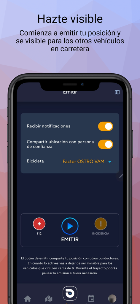 Beloo - Beloo app interface showing the broadcast location button and safety settings for outdoor enthusiasts.