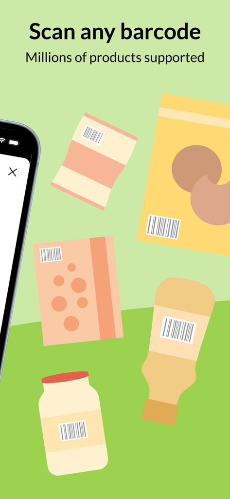 Illustration of food items with barcodes and text saying Scan any barcode.