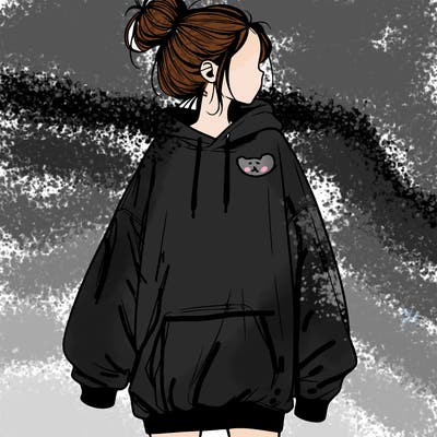 realistic girl with a oversized sweatshirt on and a bun