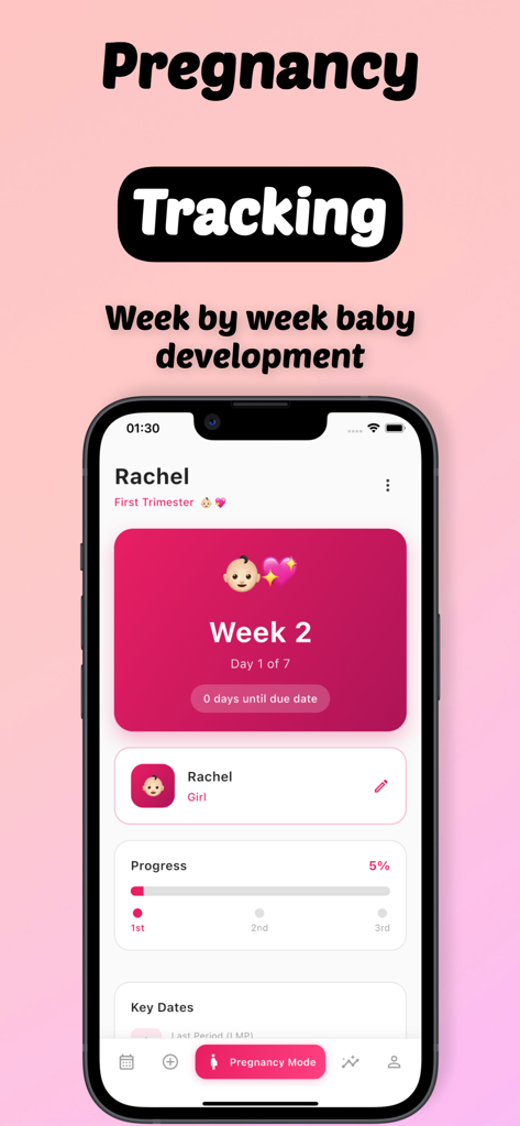 Elyra - Period & Pregnancy - Elyra 앱 인터페이스에 주별 추적 및 삼분기 진행률 표시줄과 함께 임신 모드가 표시됨