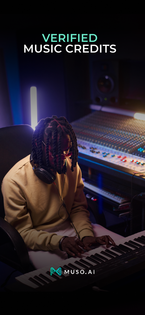 A music professional in a recording studio with the text verified music credits and the Muso AI logo
