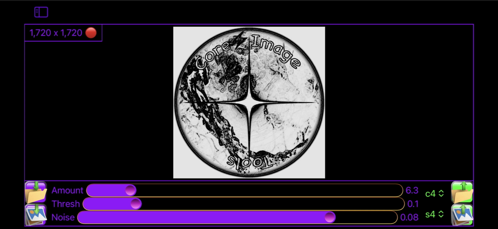 Core Image Tools - Core Image Tools application interface showing image editing sliders for amount threshold and noise on a circular logo