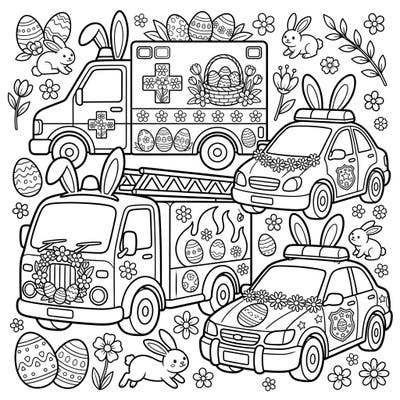 Hop into spring with this delightful Easter coloring page, featuring brave emergency vehicles playfully adorned with festive decorations. Bring ambulances, fire trucks, and police cars to life with vibrant Easter colors and seasonal cheer.