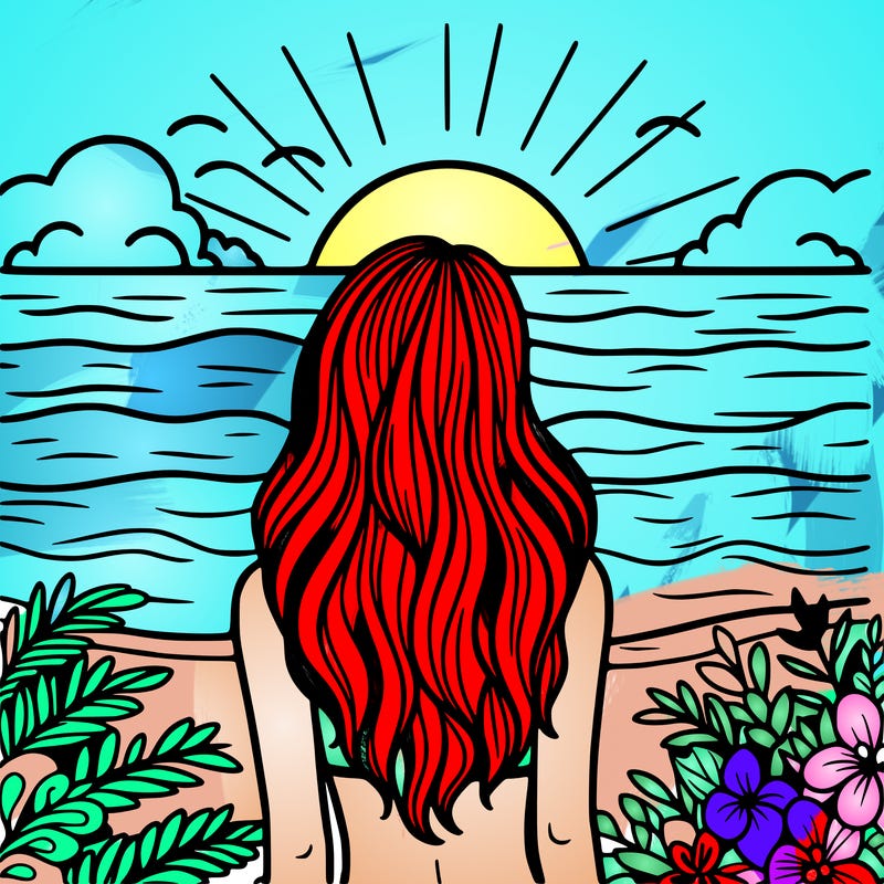 girl with long hair and a bathing suit facing the ocean and sunset