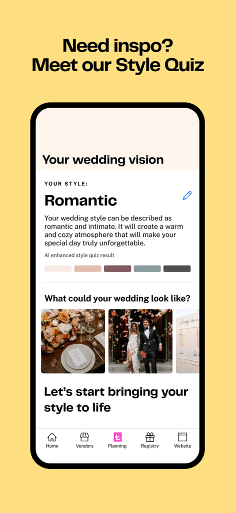 The Knot Wedding Planner - A mobile screenshot of The Knot app showing a romantic style wedding vision result with a color palette and inspiration photos.