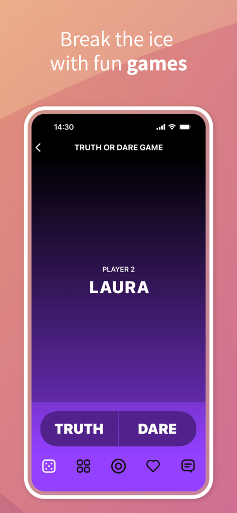 Zingy - Love at First Chat - Truth or dare game interface in the Zingy app for breaking the ice with matches
