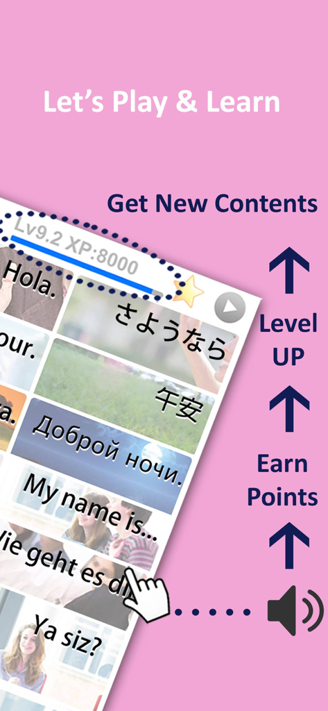 XP 레벨 및 여러 언어로 된 플래시 카드와 같은 게임화된 학습 기능을 보여주는 Learn Taiwanese Chinese Basic 앱의 인터페이스