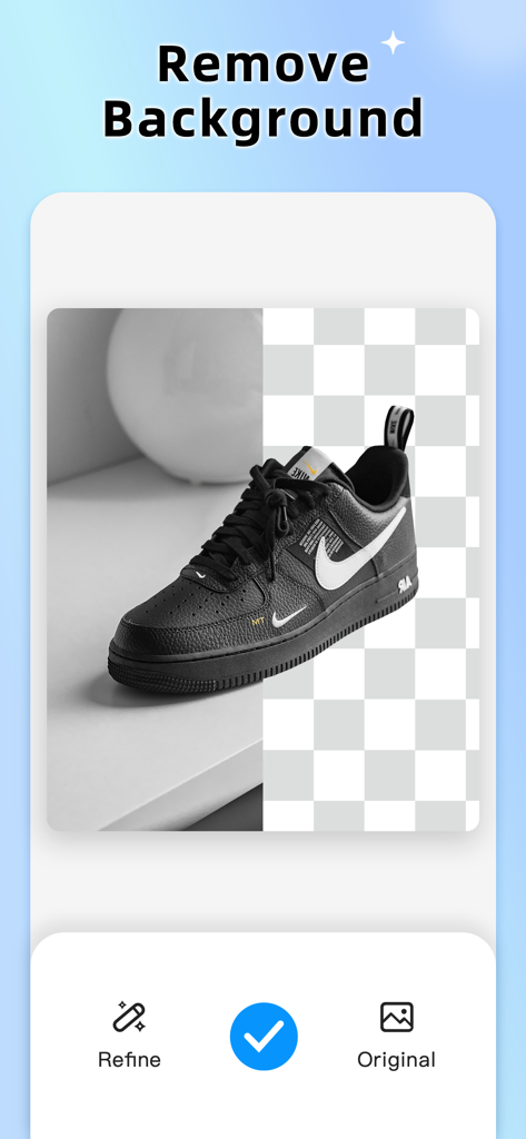 AI Photo Editor - Picsman - Una zapatilla negra en una pantalla dividida mostrando la eliminación de fondo con un patrón de tablero de ajedrez