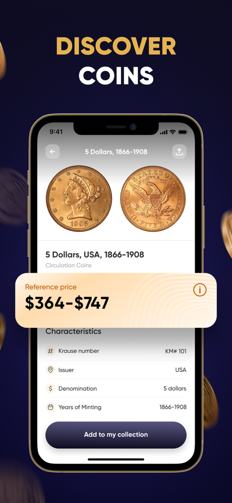 Coin Identifier app showing the market price and details of a vintage US 5 dollar gold coin