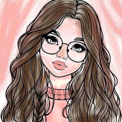 girl with long hair and freckles and glasses realistic
