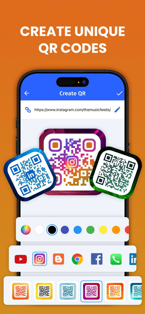 Interface do aplicativo móvel para criar códigos QR únicos e com marca, com cores e logotipos personalizados