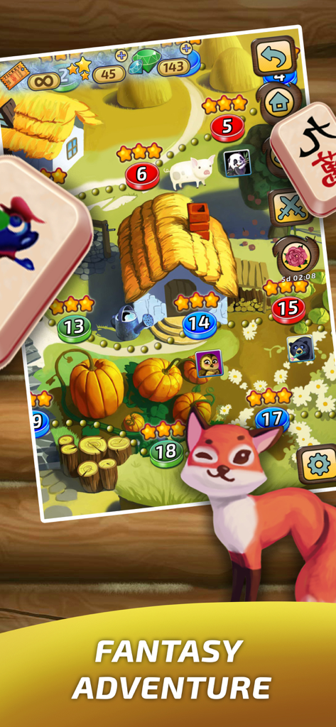 Mahjong Village Solitaire game - Level progression map in Mahjong Village Solitaire featuring a fantasy village and a friendly fox.