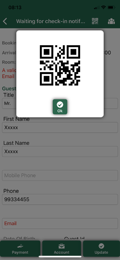 Theova Guest Mobile Services - Pantalla de check-in de Servicios Móviles para Huéspedes de Theova que muestra un código QR para la llegada sin contacto al hotel