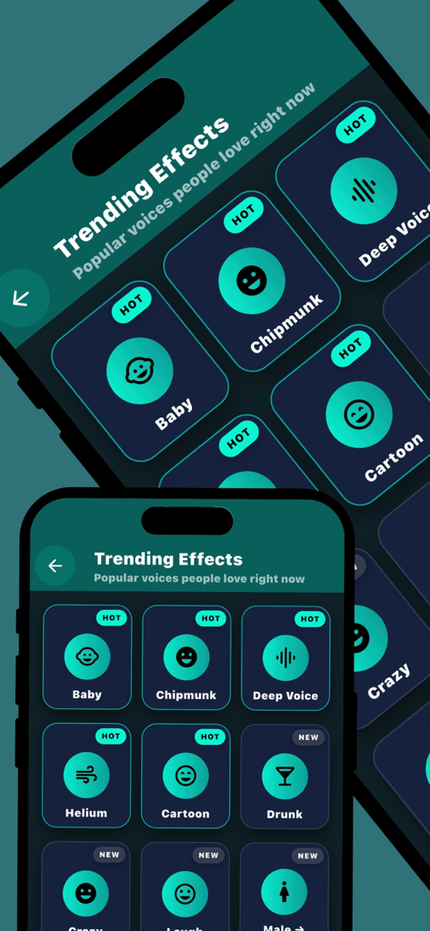 Trending AI voice effects screen showing options like Chipmunk Helium and Cartoon