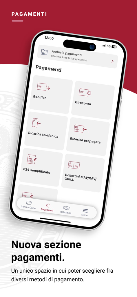 Pantalla de opciones de pago de la app móvil Banca MPS en iPhone.