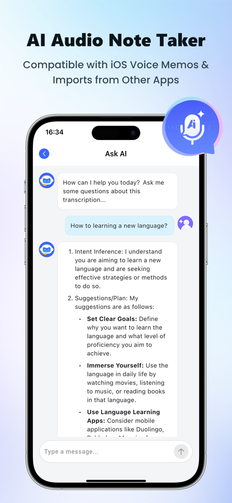 Sound Notes AI:Voice Assistant - Interfaz de la aplicación móvil Sound Notes AI que muestra la conversación del chatbot Pregúntale a la IA.