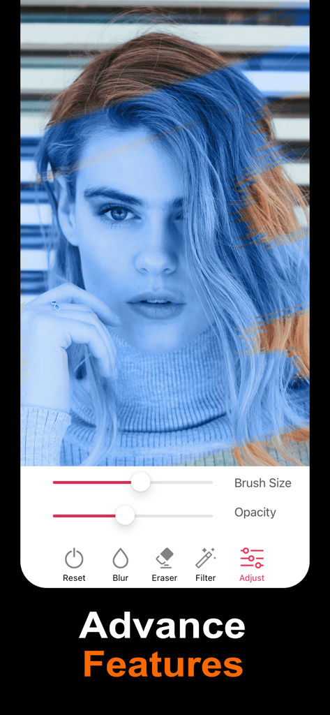 Blur Image -Blur Effect Editor - Benutzeroberfläche des Bildbearbeitungsprogramms mit Pinselgrößen- und Deckkraftreglern über einem Porträt