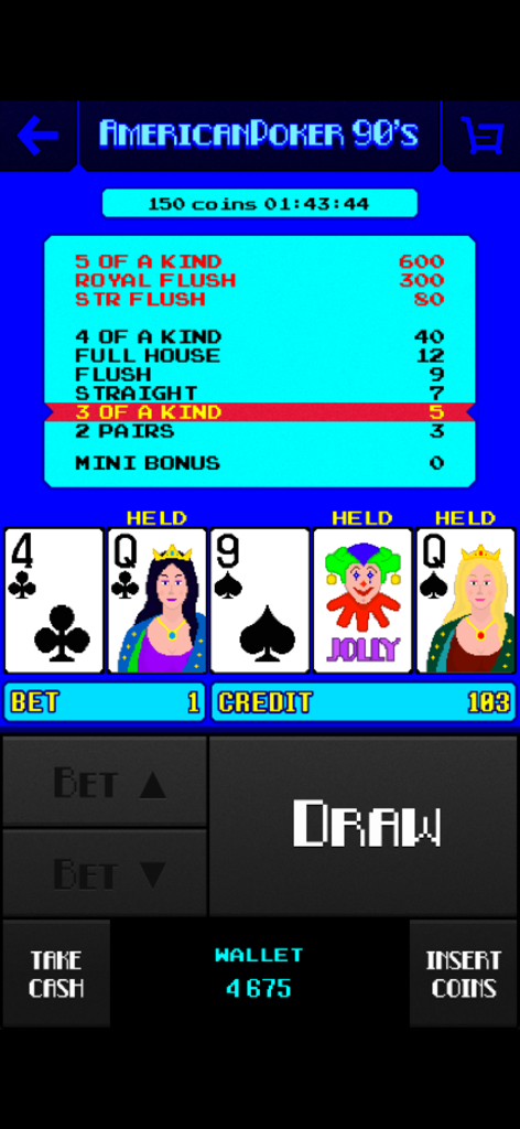 Retro video poker gameplay interface with a three of a kind hand and pixelated 90s graphics.