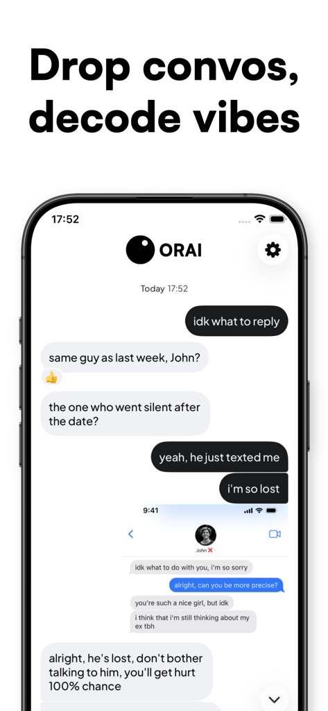 Interfaz de la aplicación Orai AI que muestra un chat donde la IA analiza una captura de pantalla de una conversación de citas y proporciona asesoramiento social.