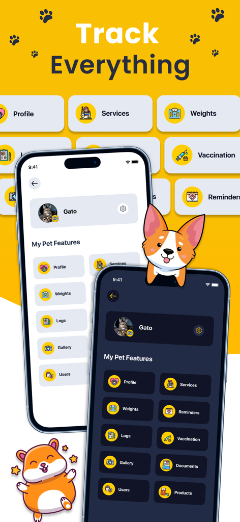 Pet Care Tracker Dog Cat Log - Mobile app interface for Pet Care Tracker displaying medical logs weight tracking and reminders with light and dark mode options