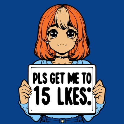 realistic girl holding up a sign that says “pls get me to 15 likes!”
