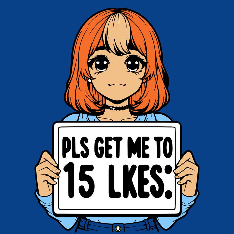realistic girl holding up a sign that says “pls get me to 15 likes!”