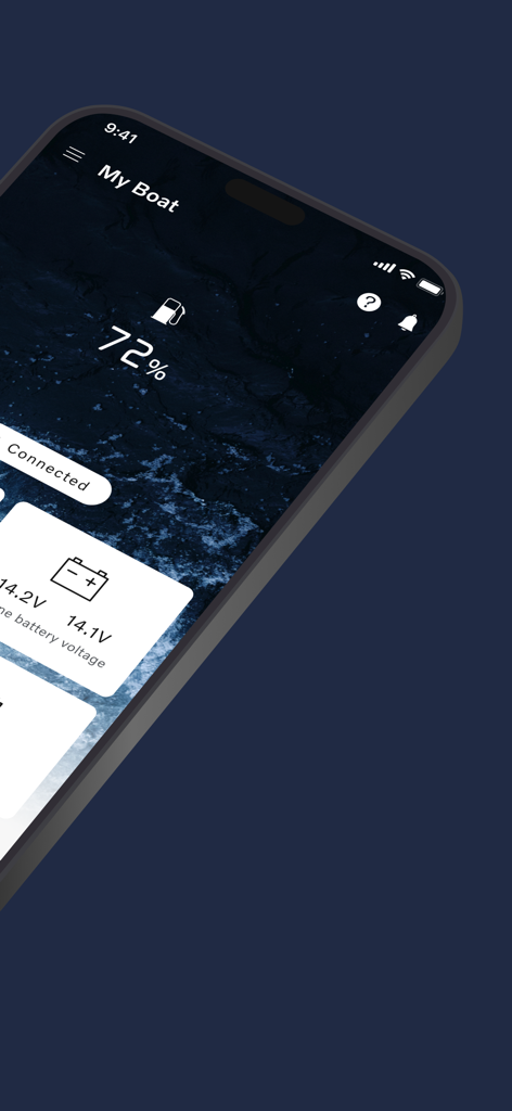 Volvo Penta Easy Connect app showing fuel percentage and battery voltage levels