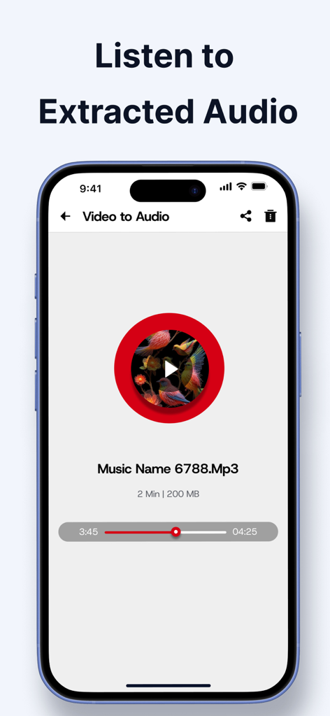 Y2Mate Downloader - Interfaz de Y2Mate Downloader que muestra la función de Video a Audio con una pantalla de reproducción del reproductor de música.