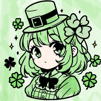 a manga-style girl with clovers around her, a little hat in her hair, like it's saint patrick's day