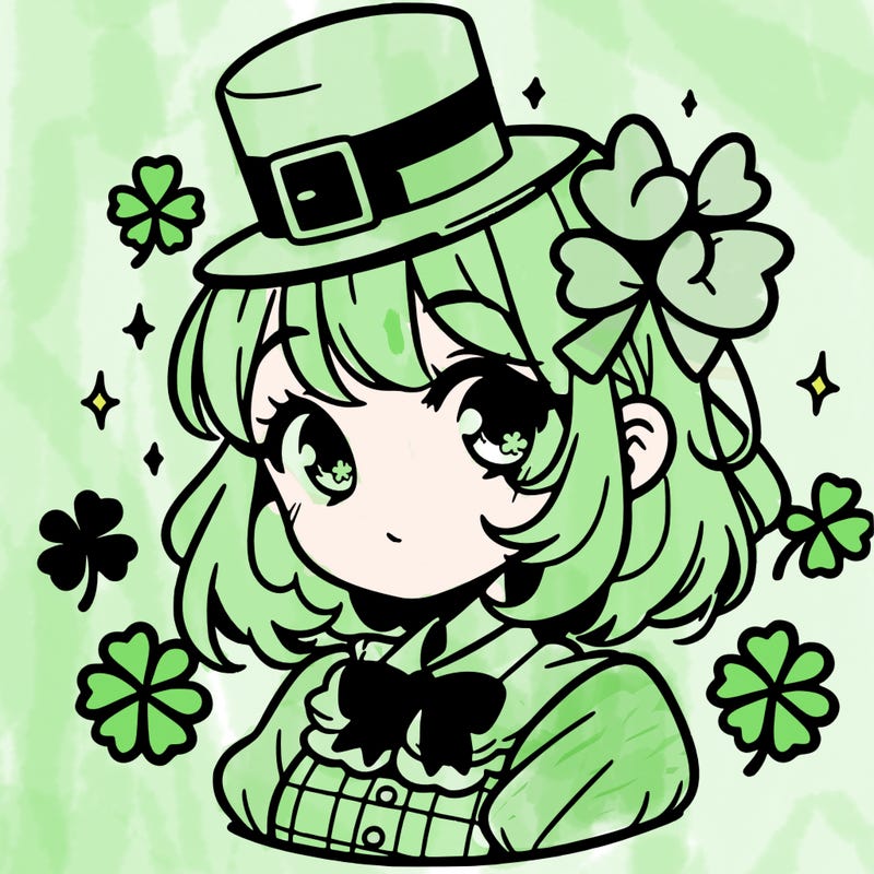 a manga-style girl with clovers around her, a little hat in her hair, like it's saint patrick's day
