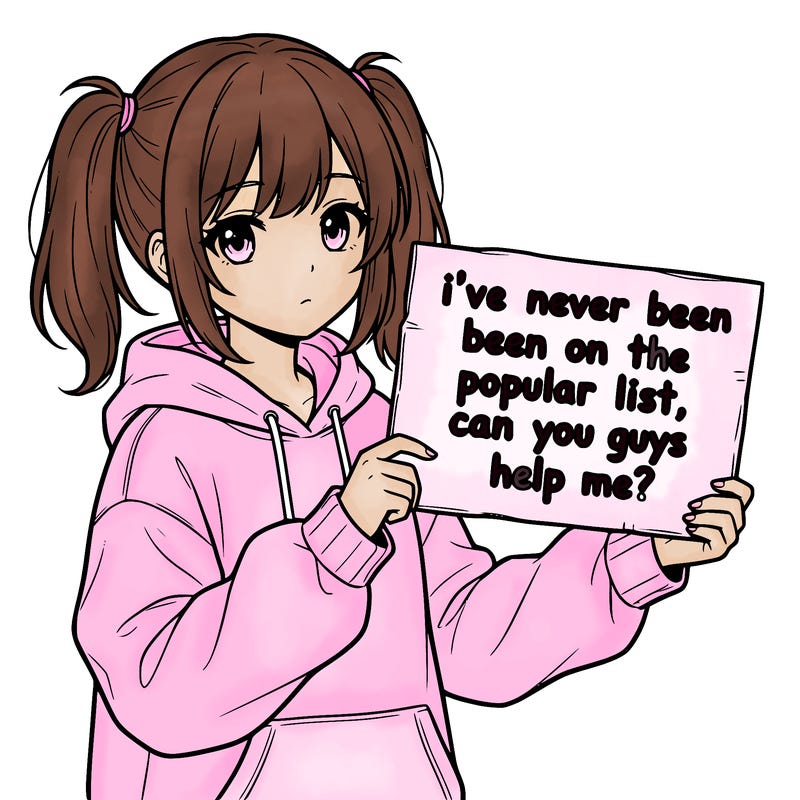 a cute anime girl with a sign saying  i’ve never been on the popular list, can you guys help me?